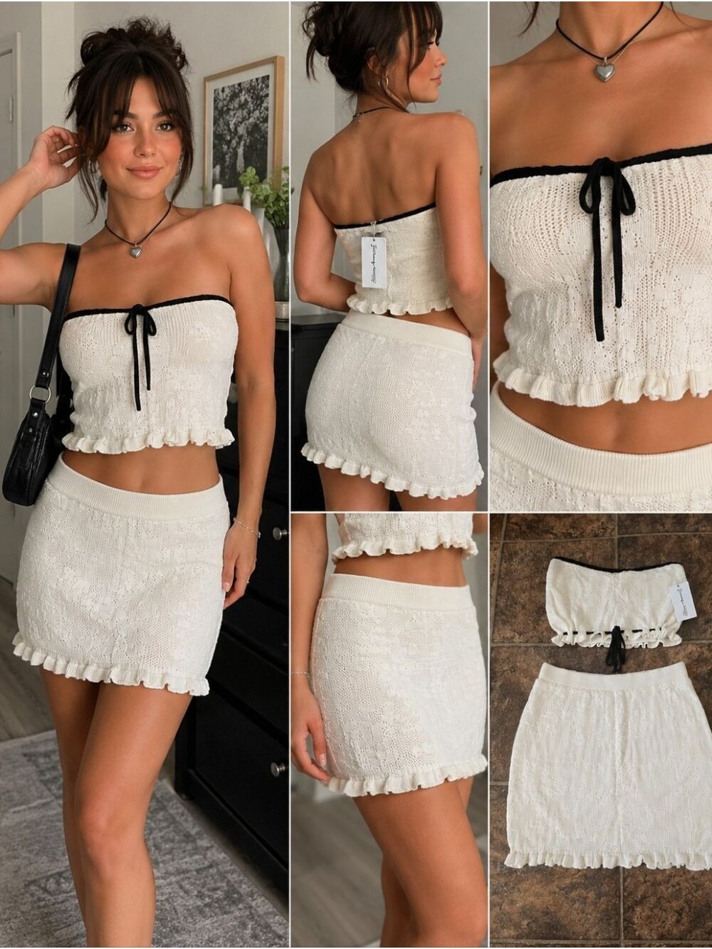 Freshman 1996 Women’s L Ivory Knit 2 Piece Skirt Set Lace Up Ruffle Y2K NWT